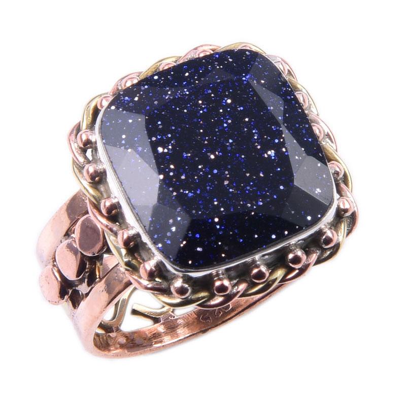 Natural Blue Sunstone Gemstone 925 Sterling Silver TwoTone Gift Ring S.8 c0g03