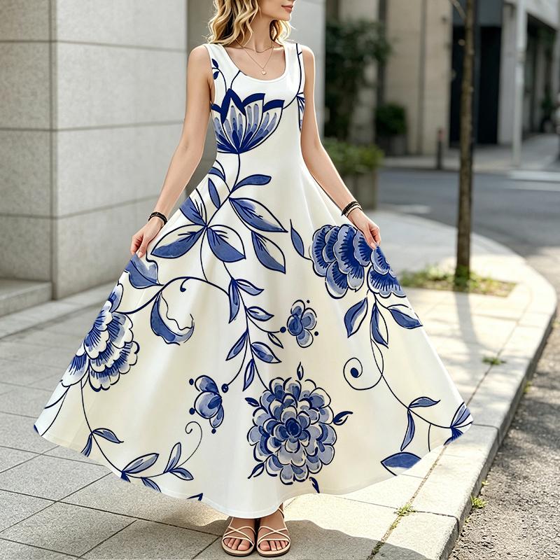 Summer Blue & White Porcelain Style Long Dress Sleeveless,Loose Lightweight,Vintage Elegant,Versatile for Daily Casual Gatherings