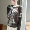 Spring and Summer New Style Elegant Loose-Fitting Top with Side Drawstrings Long-Sleeved Knitted T-Shirt Women's Printed Lightweight Blouse