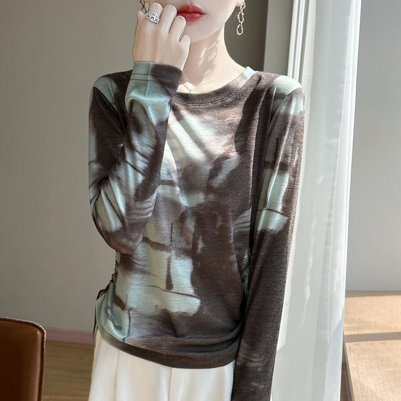 Spring and Summer New Style Elegant Loose-Fitting Top with Side Drawstrings Long-Sleeved Knitted T-Shirt Women's Printed Lightweight Blouse