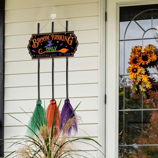 Halloween Broom Parking Sign with 3 Wooden Witch Brooms Solid Wood Hanging Decoration Halloween Decor Broom Parking Sign for Front Porch Wall