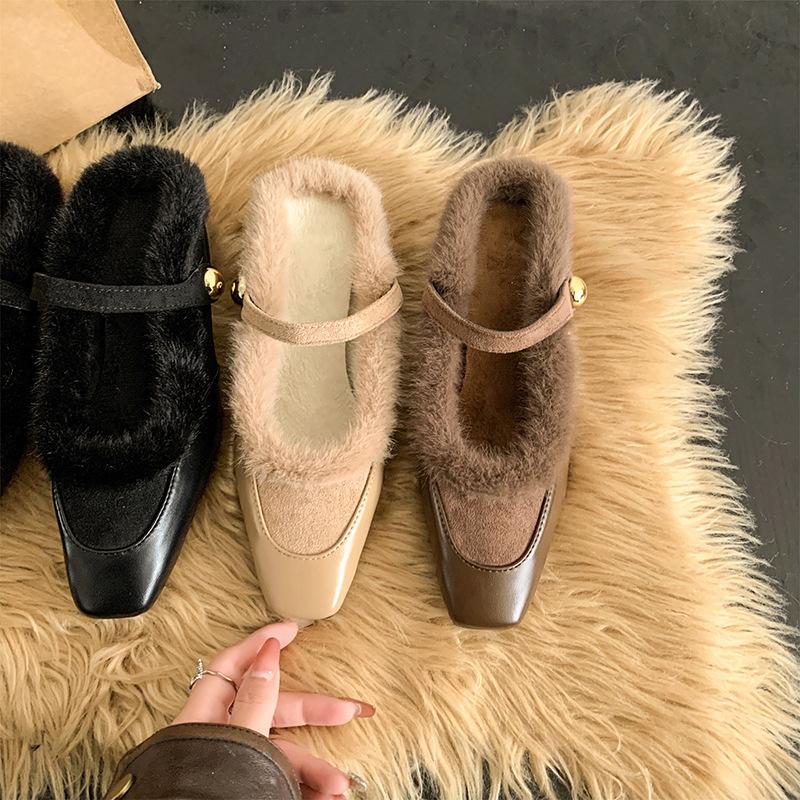 2025 new autumn and winter thick heel French small fragrant wind velvet Mary Jane single shoes women's shoes evening gentle fluffy shoes