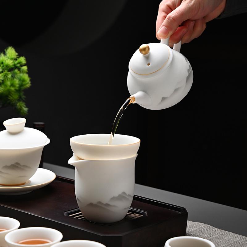 Kung Fu Mutton Fat Jade Gaiwan Teapot Set - Gold-Painted Luxury Tea Set