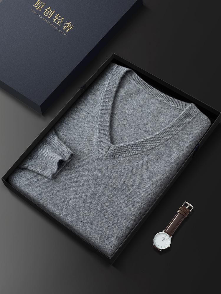 Men's V-Neck Cashmere Sweater: Loose Fit, Solid Color, Business Casual Pullover for Autumn and Winter