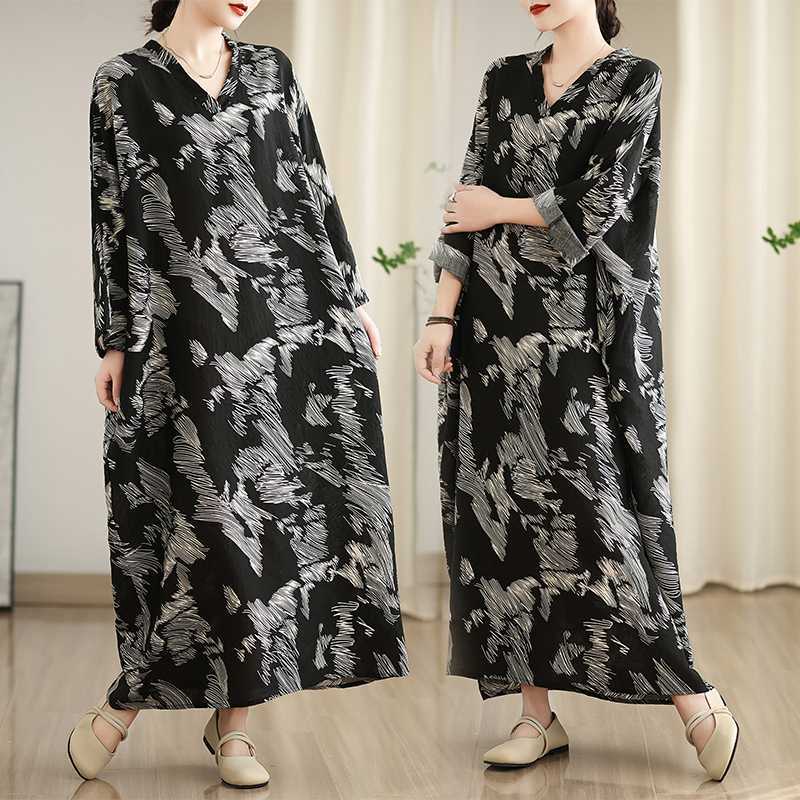 Colorful Travel V-neck Retro Long Skirt Cotton Linen Dress