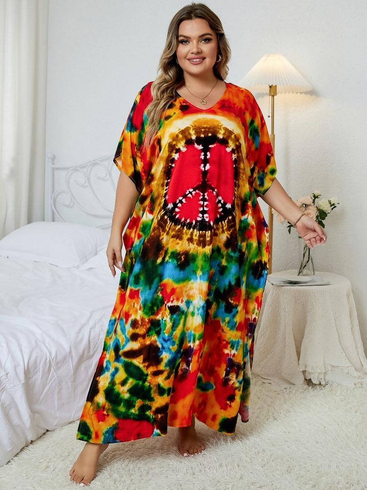 EDOLYNSA 2024 Bohémské barevné šaty kaftan s výstřihem do V pro ženy Léto Ležérní Velké netopýří dlouhé šaty s rukávem na dovolenou Q1464