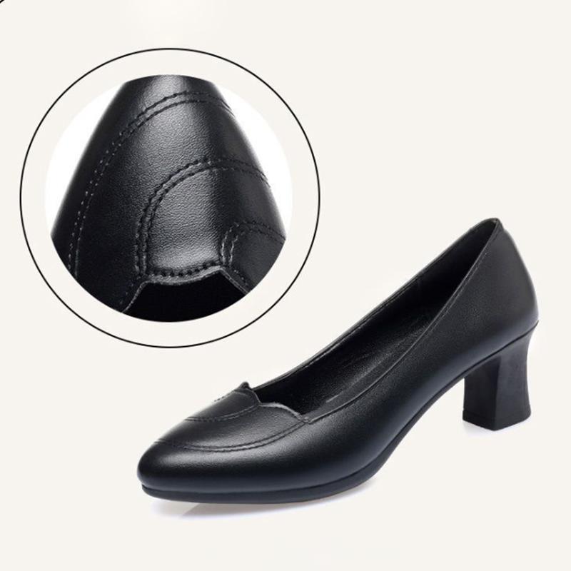 Comfortable Soft Leather Work Shoes, Soft Sole, Comfortable Mid-heel Four Seasons Single Shoes, Women's Thick-heeled Non-slip Leather Shoes