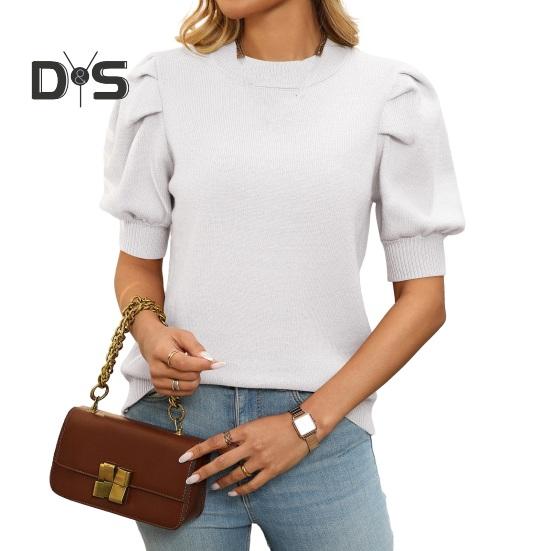 Damen Strickoberteile Rundhalsausschnitt Puff Kurzarm Einfarbig Sommeroberteile Atmungsaktiv Elastisch Freizeit Outdoor T-Shirt