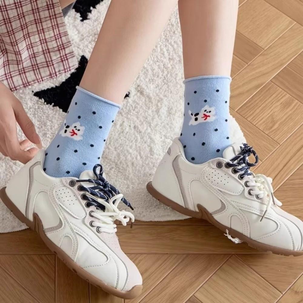 1 Pair Cotton Women Socks Cartoon Dog Cat Printed Middle Tube Socks Kawaii Polka Dot Socks