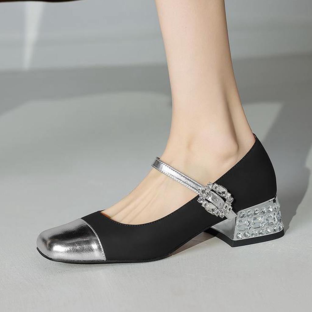 Krazing Pot Cow Skin Spring Summer Size 41 Thick Med Heels Women Square Toe Mixed Color Crystal Heels Pumps