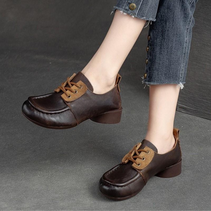 Johnature Genuine Leather Comfortable Women Pumps Retro Handmade Soft Sole Round Toe Versatile Low Heel Shoes