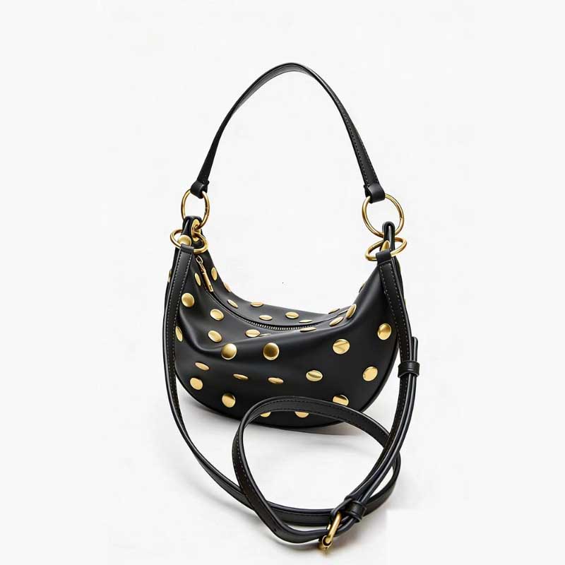 Vintage Gold Studs Decor Crescent Hobo Bag Pu Leather Multi-Way Shoulder Crossbody Handbag Retro Brown Zipper Underarm Bag for