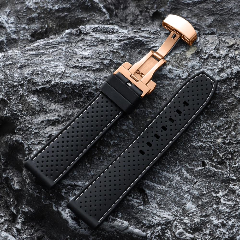 20mm 22mm Premium Silicone Watch Band Butterfly Buckle Waterproof Soft Rubber Strap Breathable Strap Replacement Universal Watch