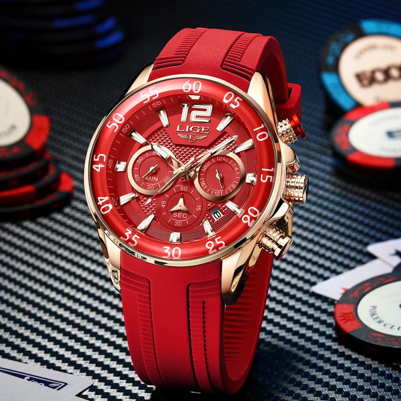 LIGE Neue Mode Herrenuhren Top Marke Luxus Quarz Armbanduhr Mann Sport Rotes Silikon Armbanduhr für Herren Reloj Hombre Chronograph