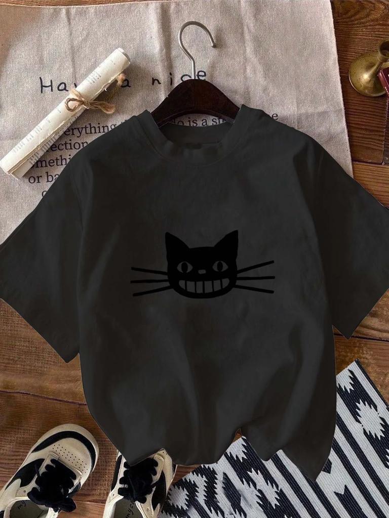 Cartoon Black Cat Print Short-sleeved T-shirt Casual and Cute Style Suitable for Women's Daily and Outing Wear In All Seasons