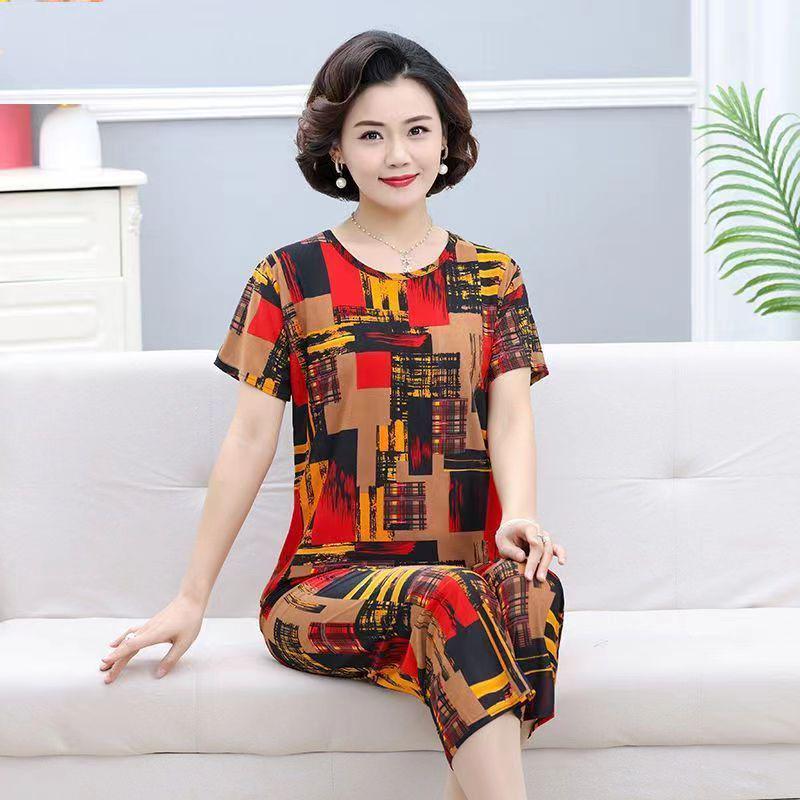 Ice Silk Summer Set for Middle-Aged & Elderly Women - Short-Sleeve Casual Homewear Pajamas