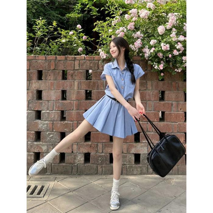 

Academy style blue striped shirt dress children waist thin temperament design sense niche pleated short skirt summer S