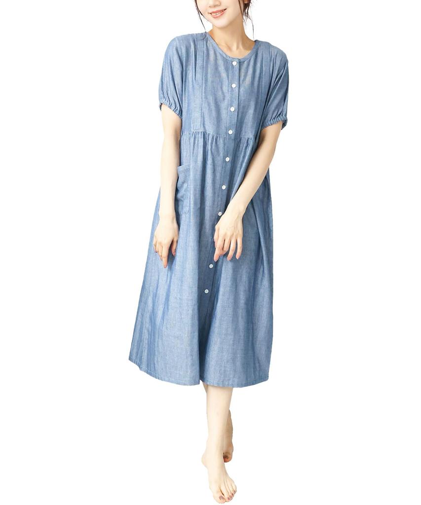 ON NISHIKI Maternity Short Dress with Nursing Premium Combed Double Long Nursing Nightgown Size Pajamas, Summer, Sleeve, Opening, 100% Cotton, Yarn,