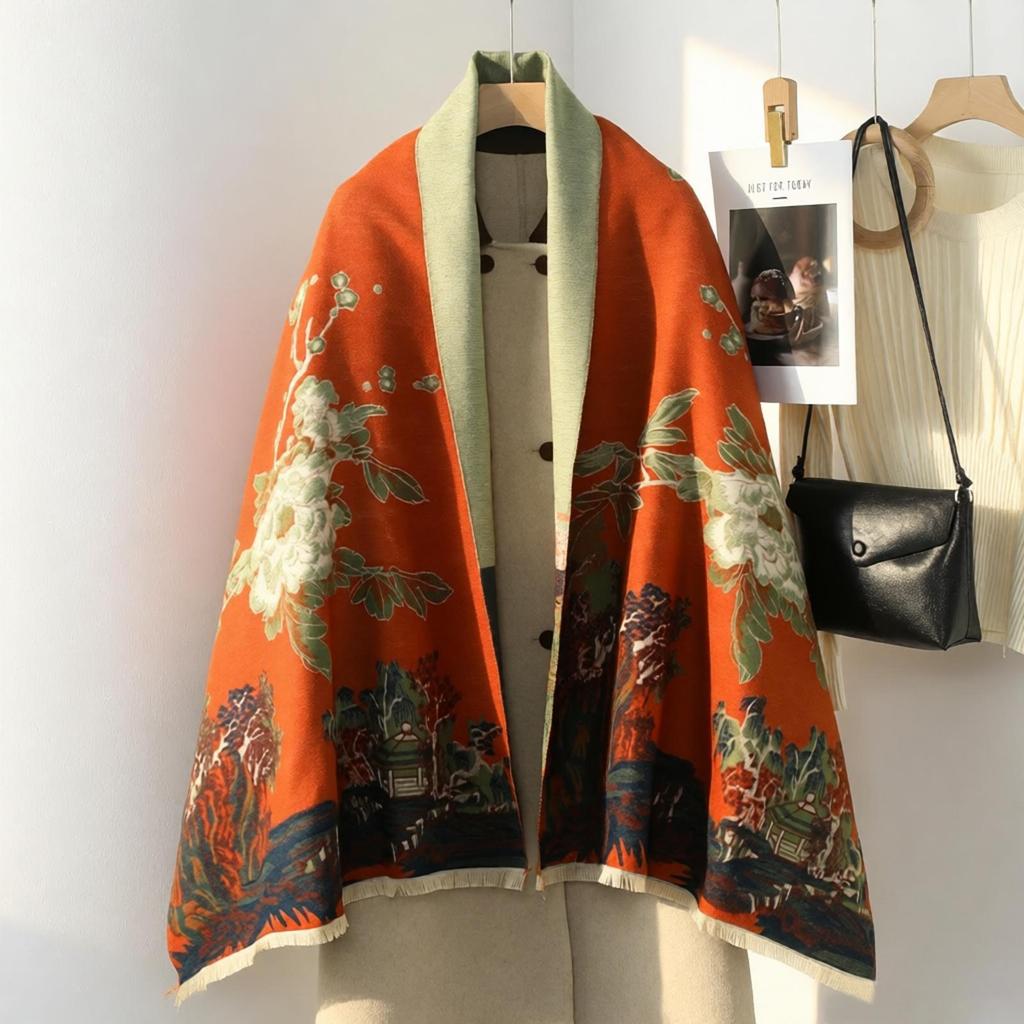 Double-Sided Women's Winter Ink Painting Snood: Imitation Cashmere Scarf for Air-Conditioned Rooms.