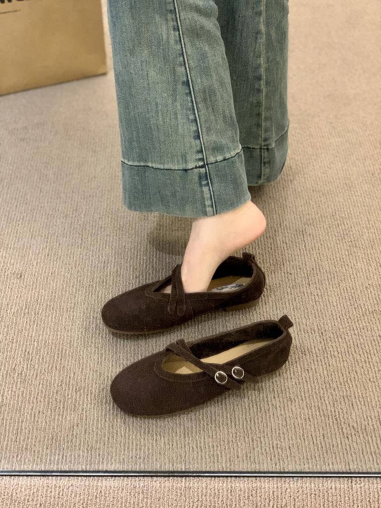 Cowhide version~ round head retro yellow Mary Jane shoes women's soft-soled cross-strapped ballet commuter single shoes women's ladyshoes