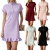 Women's Color Round Neck Zipper Short Sleeve Loose Fit Ruffle Hem Dress for Casual Everyday Wear