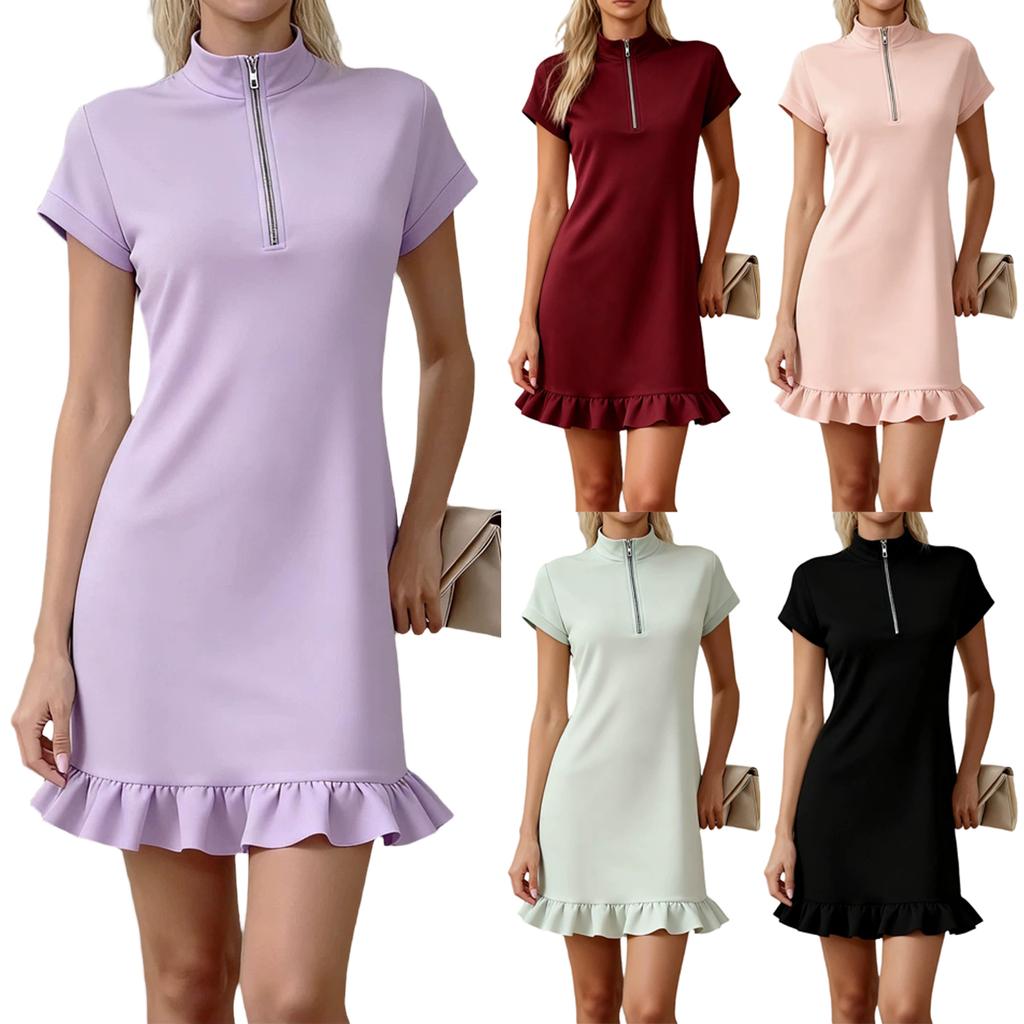 Women's Color Round Neck Zipper Short Sleeve Loose Fit Ruffle Hem Dress for Casual Everyday Wear