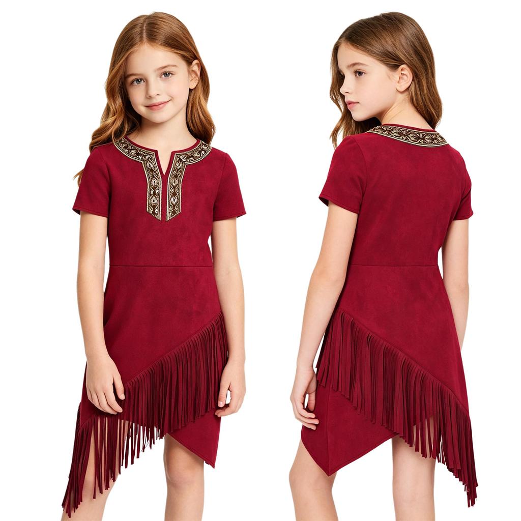 Vestito da bambina stile Southwest con frange Ispirazione nativa Manica corta Orlo con nappe Asimmetrico per Danza teatrale a tema