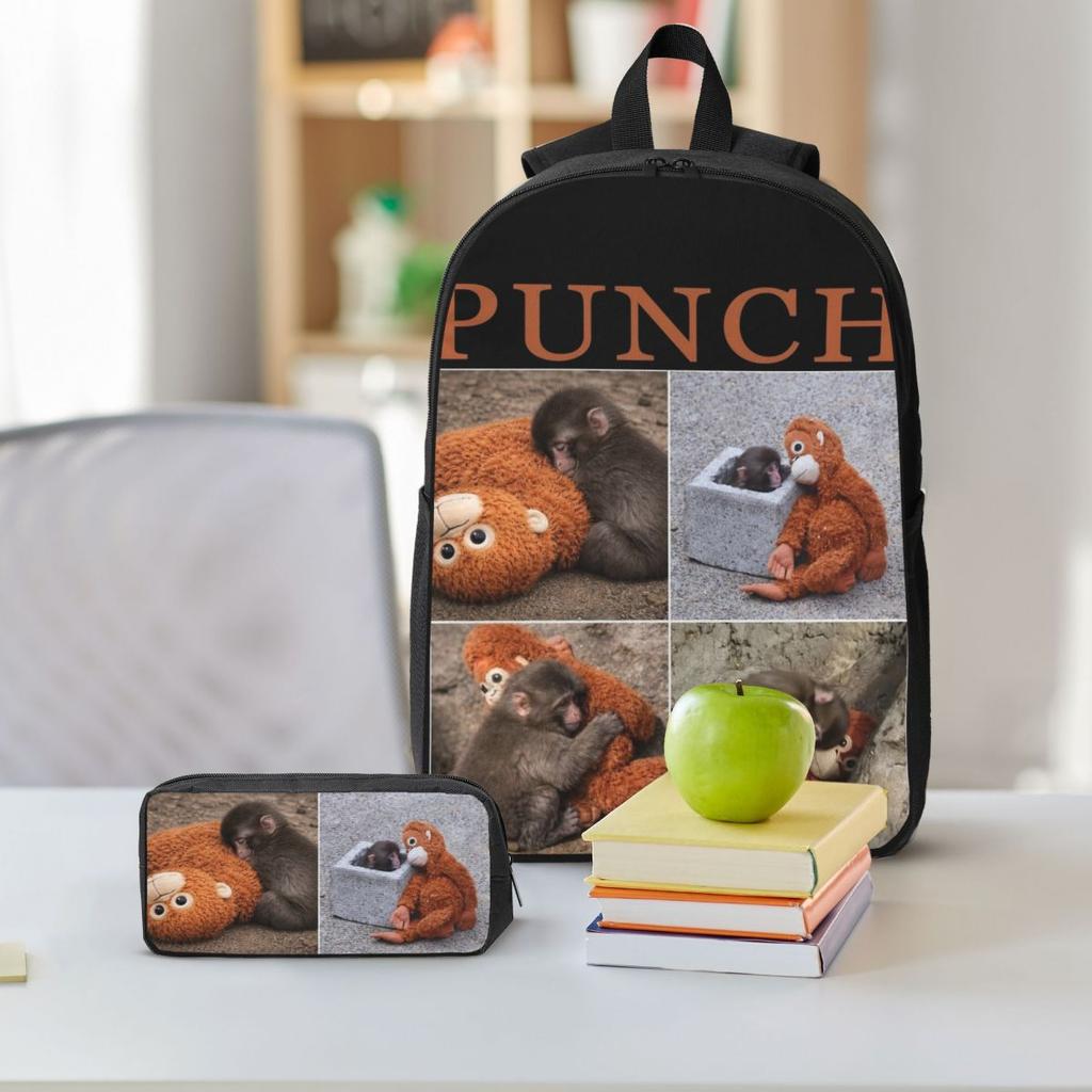 3Pcs Punch Monkey merch Backpack Set for Children Pencil Boxes Bookbag Sets with Lunch Box For School Students Daypack