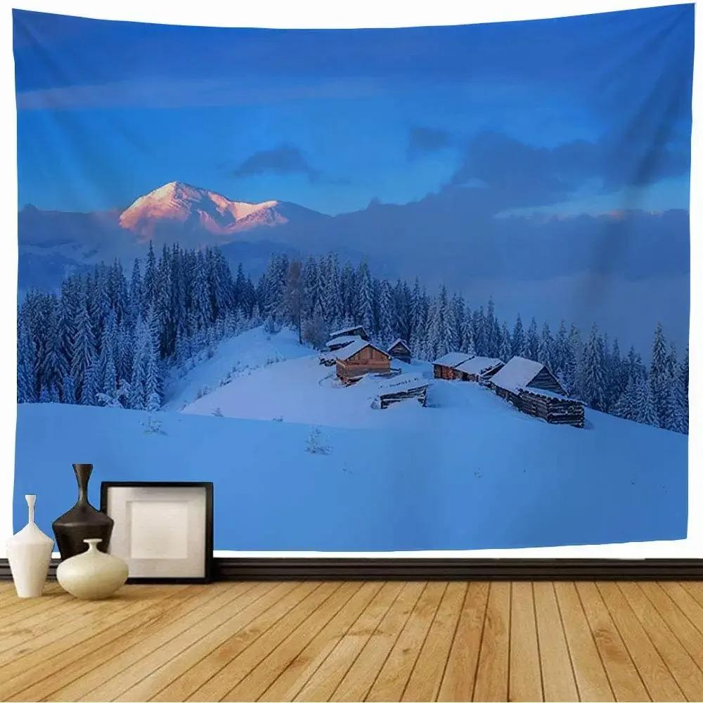 Snow House Tapestry Winter Landscape Tapestry Snowy Tree Woodland Tapestries Wall Hanging for Bedroom Living Room Dorm Office