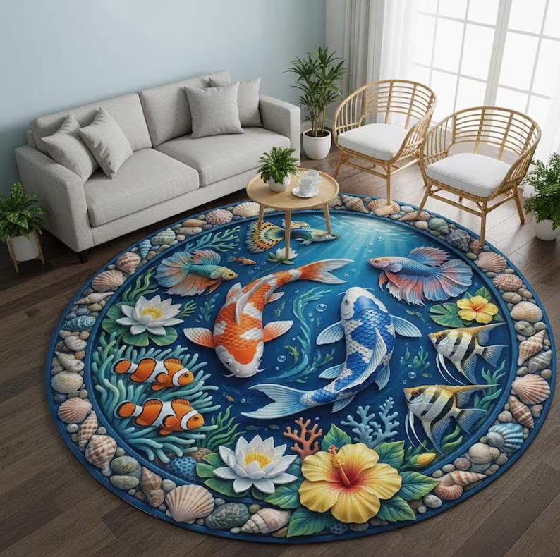 Artistic Pisces Zodiac Rug, 3D Relief Koi Pond Mat, Unique Floor Carpet Round Carpet Non-Slip Floor Living Room Bedroom Mats