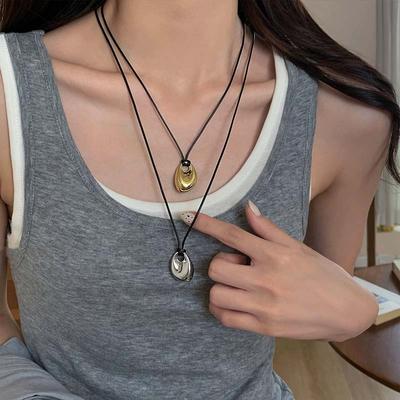 Fashion Metal Bean Pendant Necklaces for Women Adjustable Black Leather Rope Long Sweater Chain Necklaces Zircon Accessories