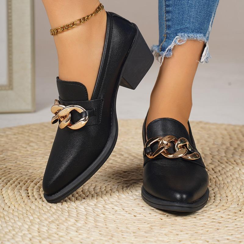 Metal Chain Block Heel Single Shoes Fashion Pointed Toe Deep Mouth Slip-On Heels