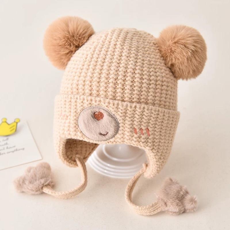 Baby Wool Hat For Boy Girls Cute Bear Ear Protection Hat Children Winter Thickened Warm Knitted Korean Cute Pompom Baby Hat