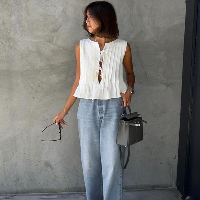 White Bandage Ribbed Sexy Tank Top Shirts Women Hollow Out Lace Up Sleeveless Slim Tops Hottie Summer Deep V Neck Street Sexy Beach Bandage Y2k Vest