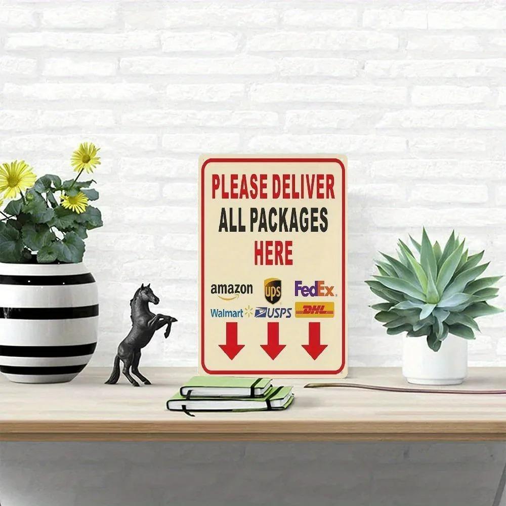Modern 'Please Deliver All Packages Here' Arrow Aluminum Sign | Durable Indoor/Outdoor Wall Decor | Ideal for Office