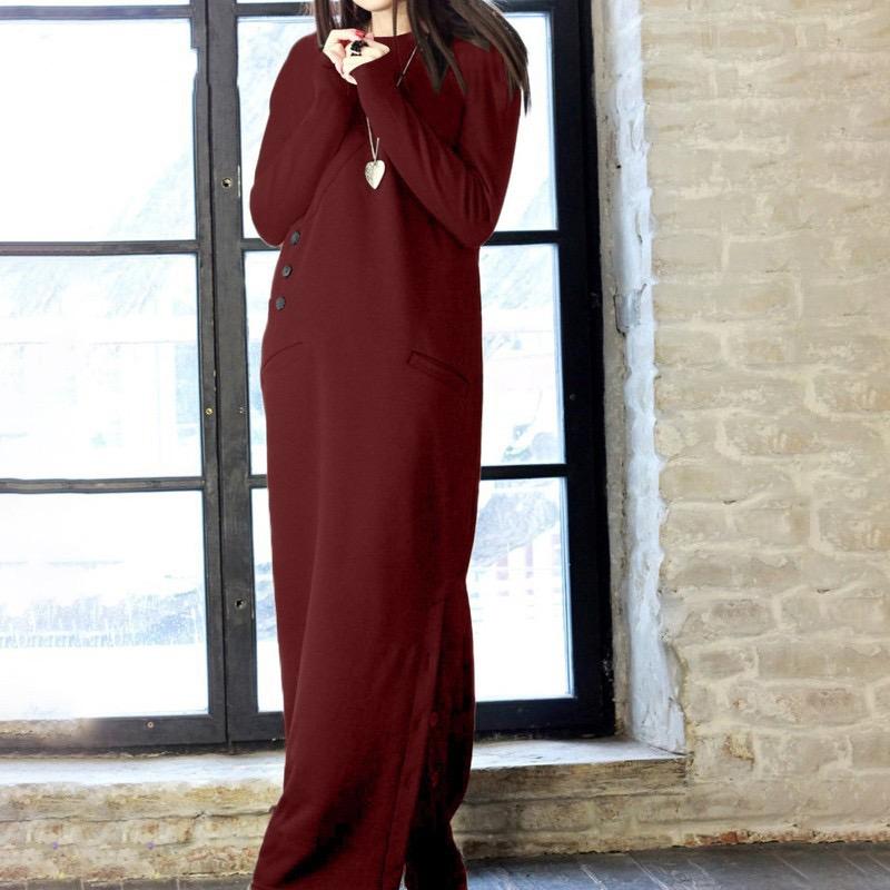 Women Winter Warm Dress Spring Basic Maxi Dress Vintage Long Sweatshirt Dress Casual Pullovers Long Sleeve Button Vestidos