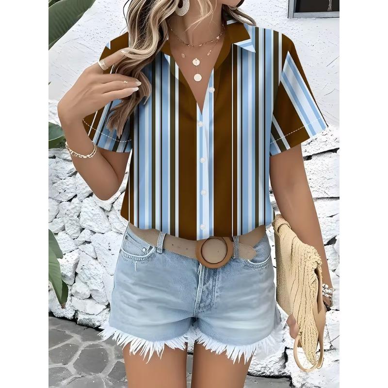 Simple and Personalized Love Print Summer Women's Plus Size Lapel Short Sleeved Shirt Fashionable Daily Versatile Casual Top