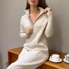 Women Half Zip Ribbed Knit Sweater Dress Long Sleeve Midi Dress Solid Color Casual Dress