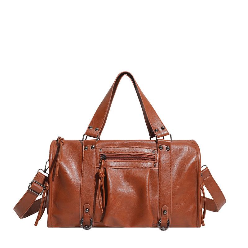 Faux Leather Duffel Bag Women's Fashion Shoulder Tote with Front Zip Pocket