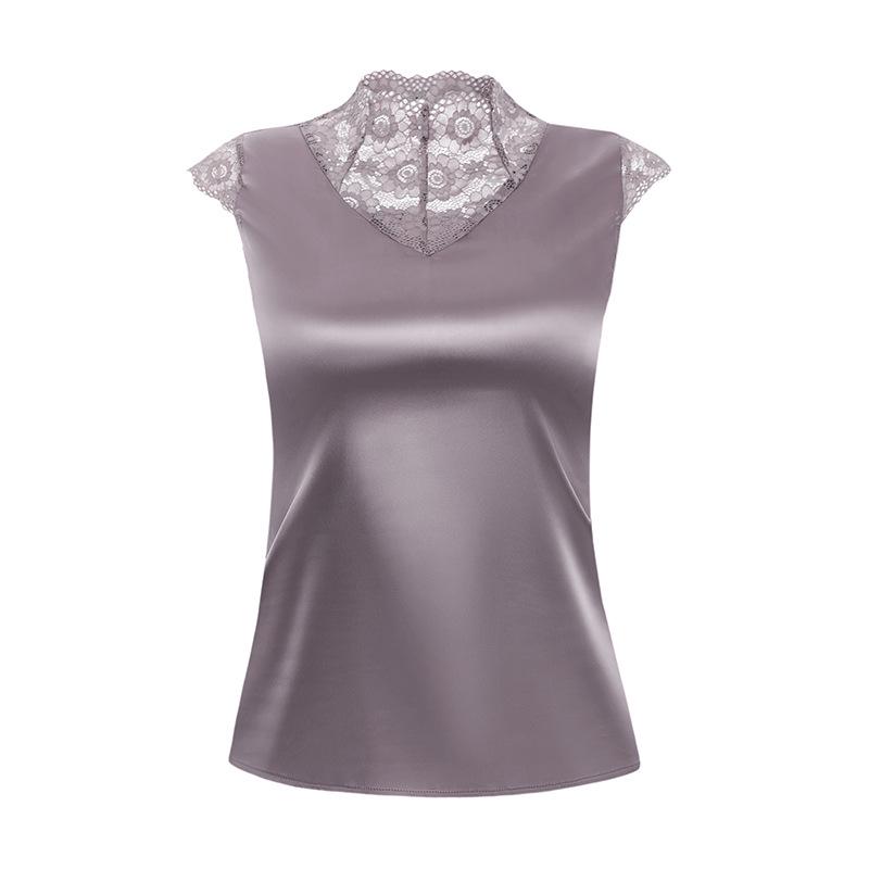 2023 Plus Size Lace High Collar Sleeveless Silk Satin Vest