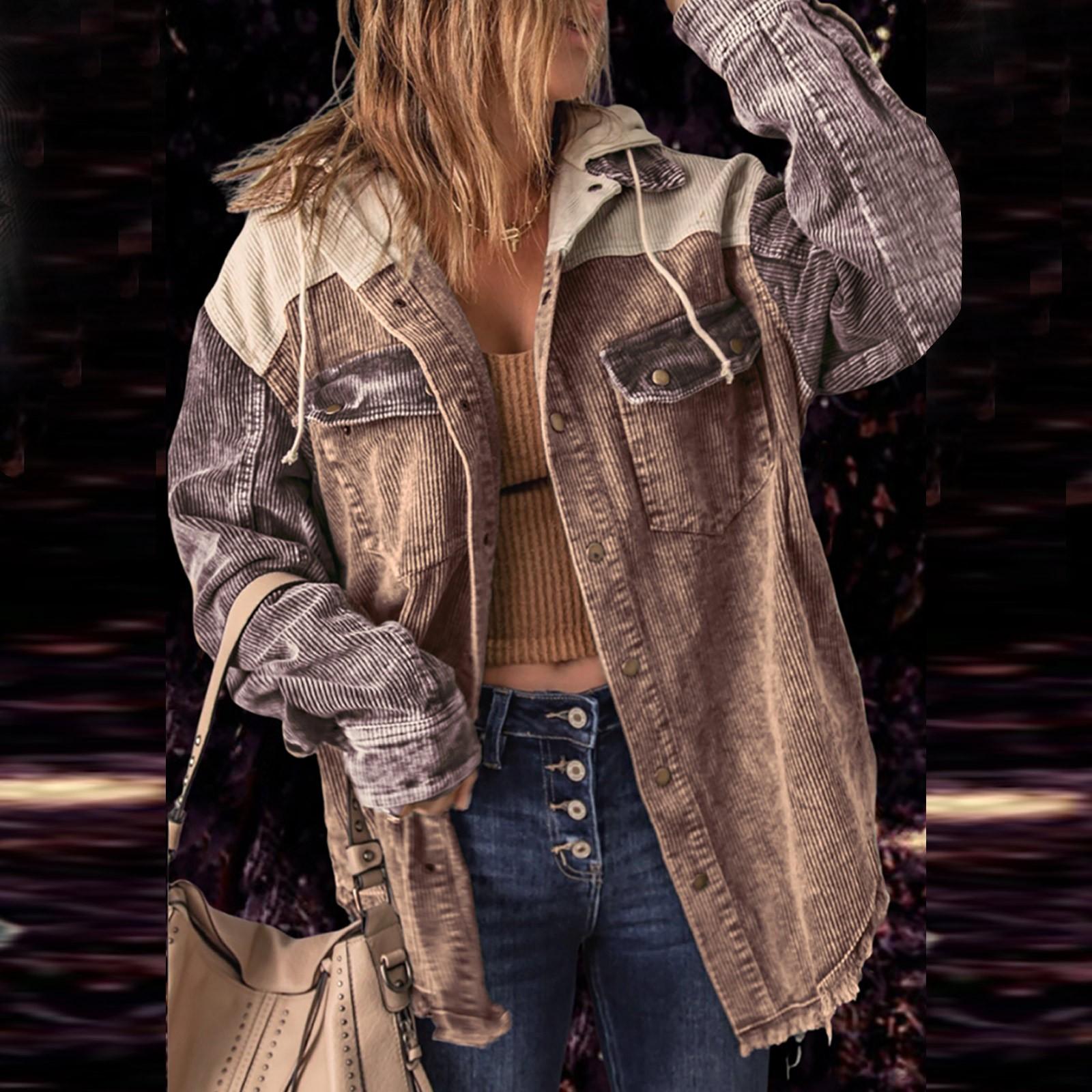 

Женская осенняя вельветовая куртка с капюшоном и длинными рукавами с пряжкой и капюшоном с карманом M хаки