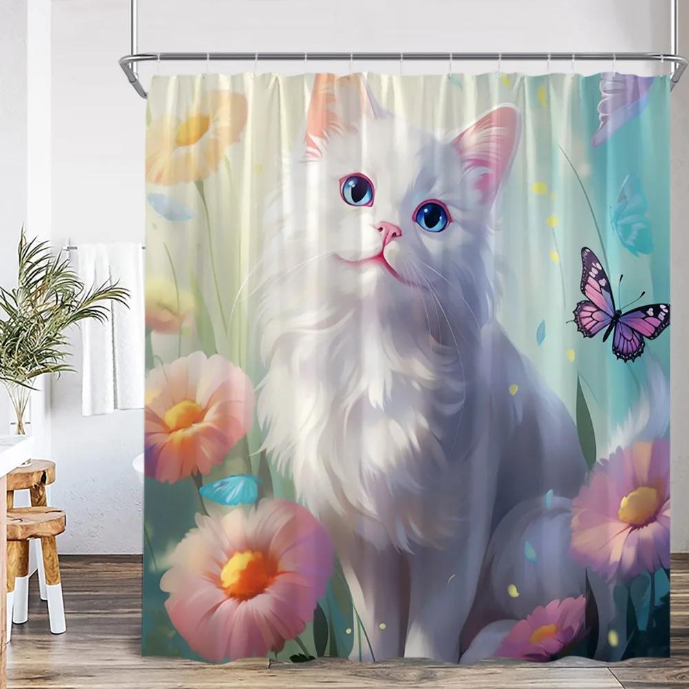 Cute Cat Shower Curtain Flower Cartoon Animal Sunflower Plant Floral Bathroom Home Decor Modern Polyester Bath Curtain with Hook