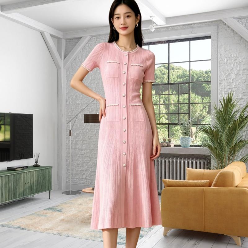 Elegant Lady Beaded Knitted Long Dress Women's Solid Short Sleeve O-Neck Single-breasted Bodycon Party Dress Female