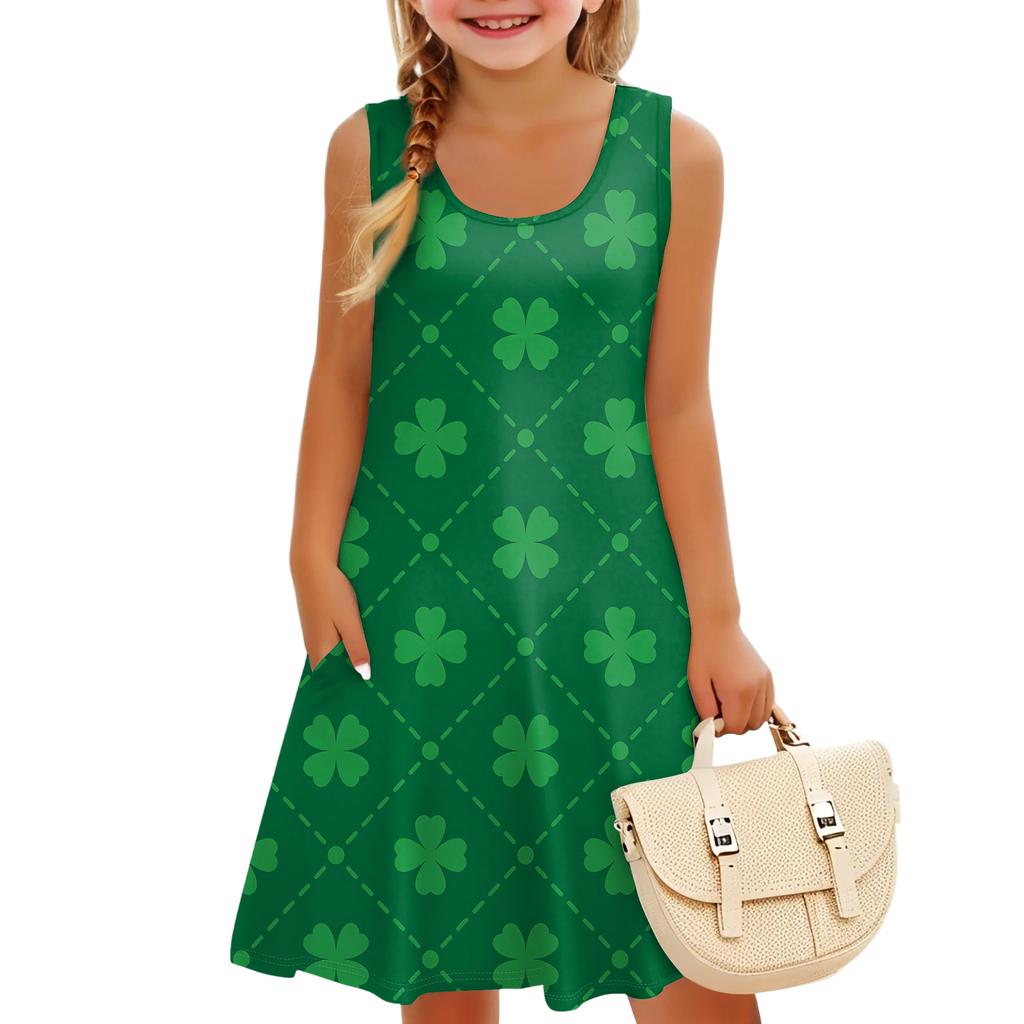 Children's Sleeveless U-neck A-line St. Parmesan Print Casual Vacation Dress