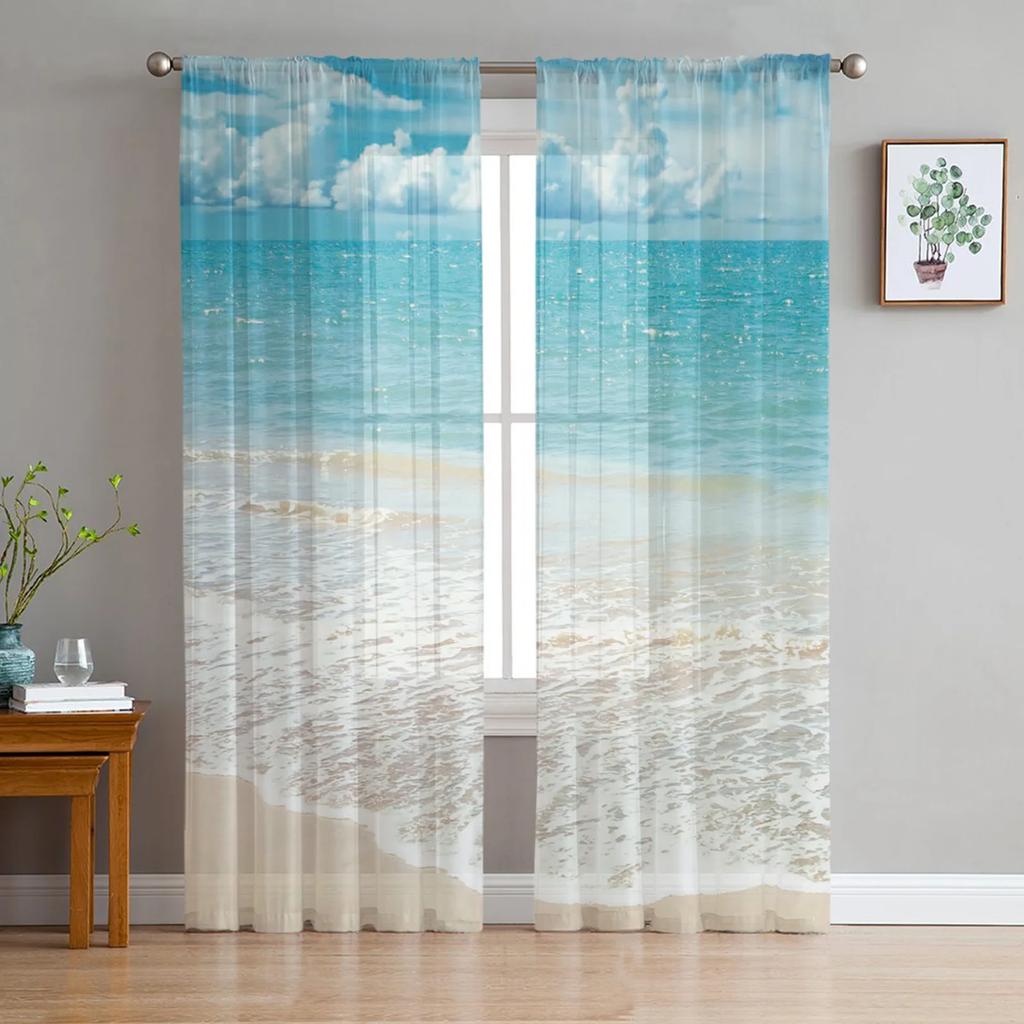 Landscape Beach Sea Water Sheer Drapes for Living Room Decoration Window Curtain for Bedroom Curtain Panels