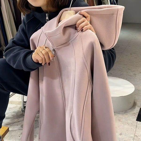 Women's European Style Fleece-Lined Petite Sweatshirt Jacket - Autumn/Winter 2025 Trend