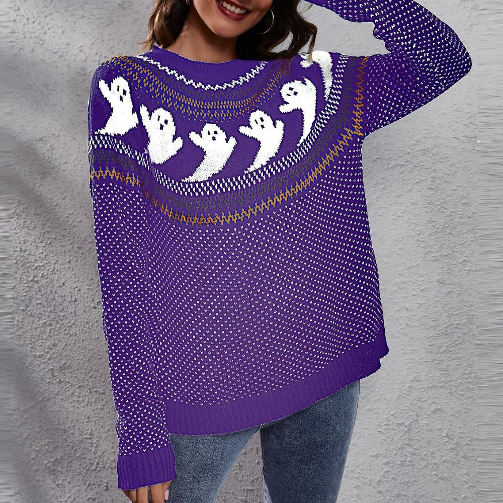 

IHUASU Женский осенне-зимний ретро-свитшот с длинным рукавом и узором в горошек, свободный трикотажный свитер XXL фиолетовый