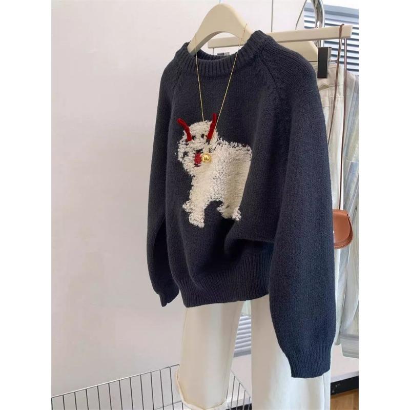 Navy Blue Raccoon Velvet Thickened Pullover Sweater for Women Autumn and Winter Bottoming Top