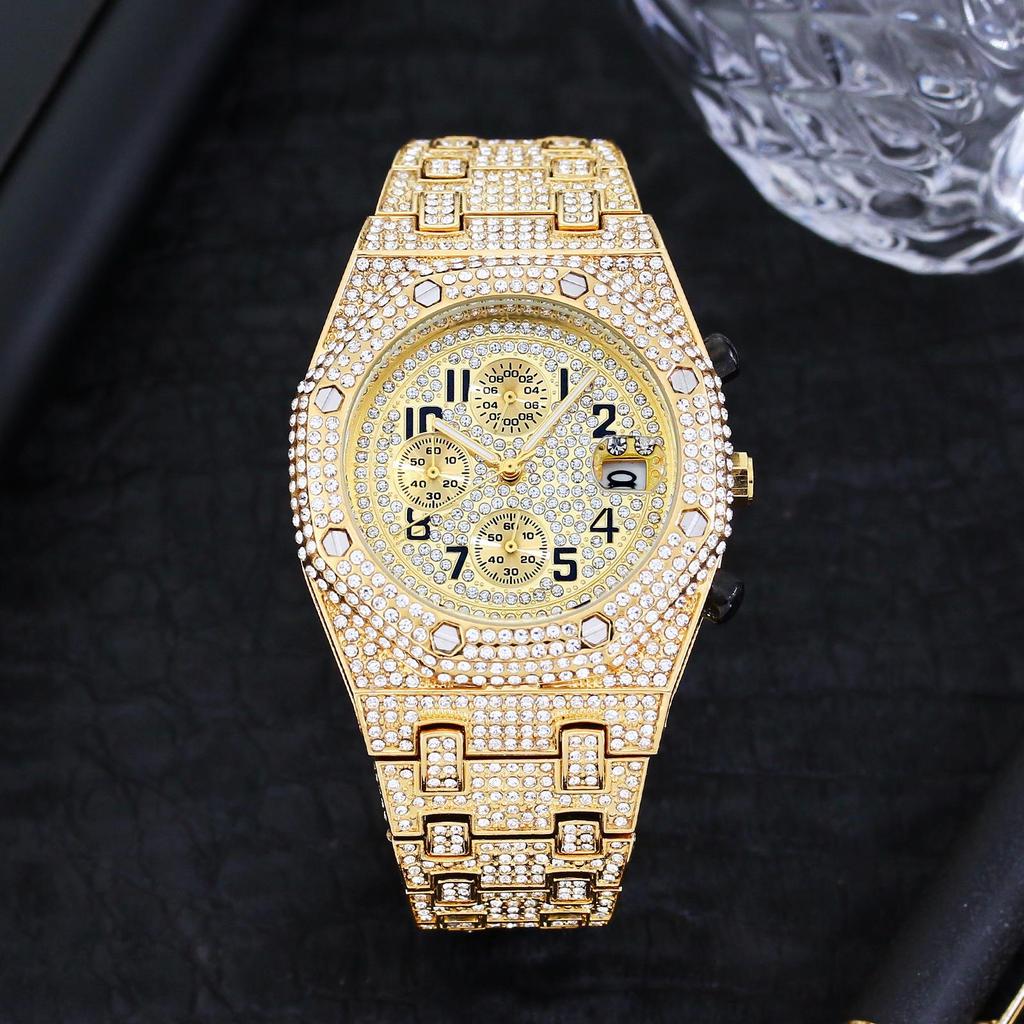 MISSFOX Men's Hip-Hop Fashion Chronograph: Full-Diamond Three-Eye Small Dial Sport Watch