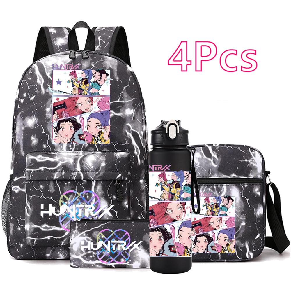 4-teiliges/Set Anime Niedlich K-Pop Bedruckter Rucksack mit 750 ml Wasserflasche für Teenager Schüler Mädchen Junge Schultasche Kindergeschenk Große Kapazität Reisetasche Mochila